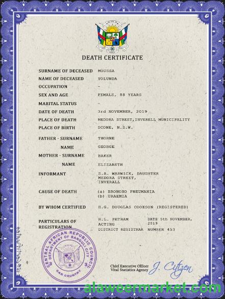 Central African Republic death certificate PSD template